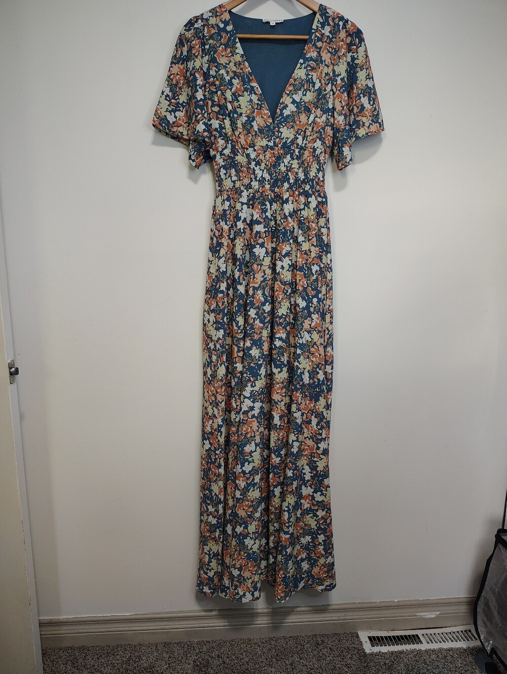 Baltic Born Teal and Peach Floral V-Neck Maxi Dress